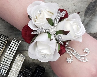 BOXED Real Touch Roses Diamonds, Burgundy Hydrangea & Rhinestone Accents Rhinestone Wrist Corsage - MATCHING Boutonnieres / Hair Pins