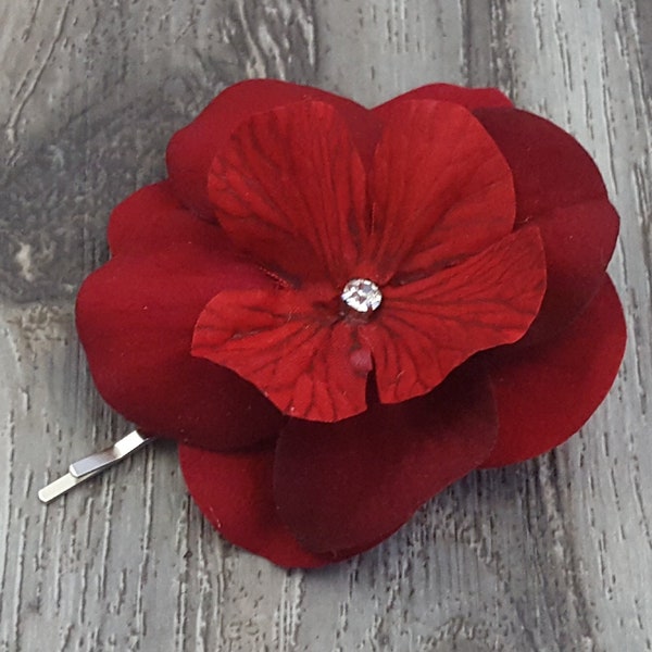 BOXED 3 - Red Velvet Silk Hydrangea Diamond Center Hair Bobby Pins - MATCHING Corsages / Boutonnieres