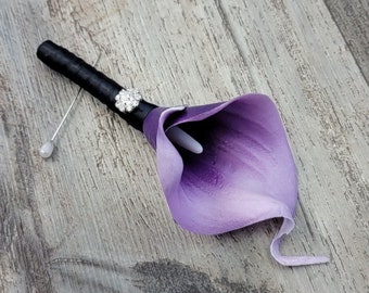 BOXED Real Touch Purple Picasso Calla Lily with a Rhinestone Button Boutonniere