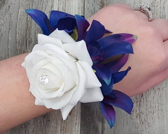 BOXED Real Touch Pure White Rose, Real Touch Blue Galaxy Dendrobium Orchids LACE Wrist Corsage - MATCHING Hair Accessories Available