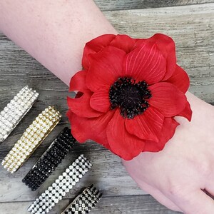 BOXED Red Poppy Realistic Center Rhinestone Wrist Corsage - MATCHING Boutonniere / Hair Clip