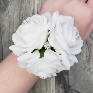 BOXED Real Touch Pure White Roses with Rhinestone Buttons, White Hydrangea Accents LACE Wrist Corsage - MATCHING Boutonniere / Hair Pins