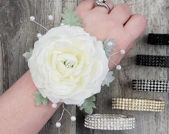 BOXED White Cream Ranunculus Diamond Center, Dusty Miller Leaves and Pearl Accents Rhinestone Wrist Corsage