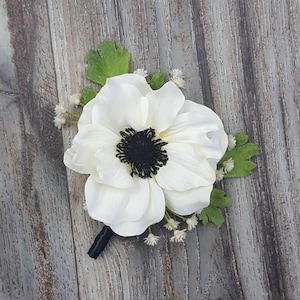 BOXED Cream White Realistic Anemone, Real Touch Soft Baby's Breath Boutonniere - MATCHING Corsages / Hair Clip / Bouquet
