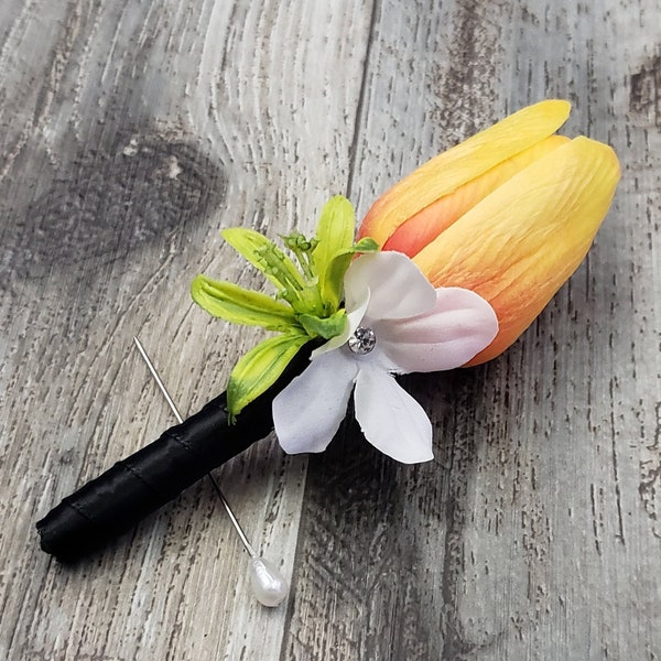 BOXED Real Touch Yellow Red Orange Tulip, White Stephanotis Diamond Center, Star Flower Greenery Boutonniere - MATCHING Corsages / Hair Pin