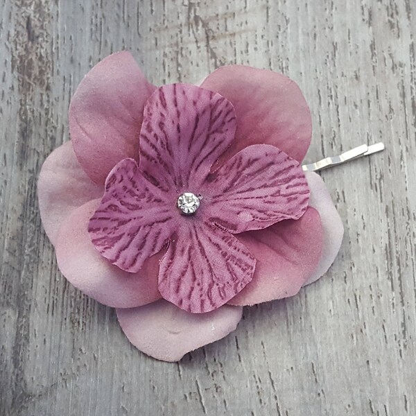 BOXED 3 - Pink Velvet Silk Hydrangea Diamond Center Hair Bobby Pins - MATCHING Boutonniere / Corsages