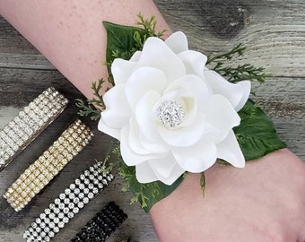 BOXED White Gardenia with Rhinestone Center & Greenery Accents Rhinestone Wrist Corsage - MATCHING Boutonnieres / Hair Pin Light Pink Option