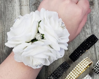 BOXED Real Touch White Rose, Rhinestone Centers, Hydrangea - Rhinestone Corsage - MATCHING Items Available