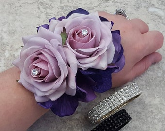 BOXED Real Touch Light Mauve Roses, Purple Velvet Hydrangea Diamond Centers, Rhinestone Wrist Corsage - MATCHING Boutonnieres / Hair Pin