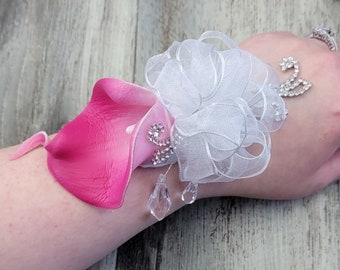 BOXED Real Touch Pink & White Calla Lily, Clear Crystals, Rhinestone Accents, Sheer Bow LACE Wrist Corsage - MATCHING Boutonniere