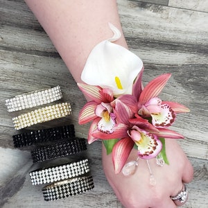 BOXED Real Touch White Calla Lily & Cymbidium Orchids Watermelon Pink, Crystals Rhinestone Wrist Corsage - MATCHING Boutonniere/Hair Pin