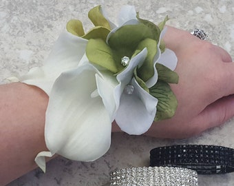 BOXED Real Touch Pure White Calla Lily, Green White Velvet Hydrangea Diamonds Rhinestone Wrist Corsage - MATCHING Boutonnieres / Hair Pin