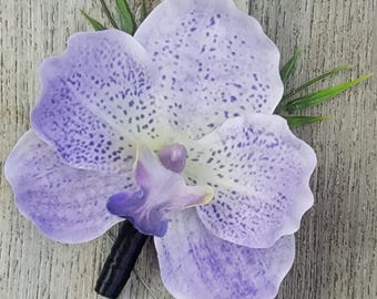 BOXED Real Touch Purple White Vanda Orchid, Greenery Boutonniere - MATCHING Items Available