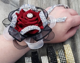 BOXED Red Velvet Rose Diamond, Rhinestone Trim, Ribbons - Rhinestone Corsage - MATCHING Items Available