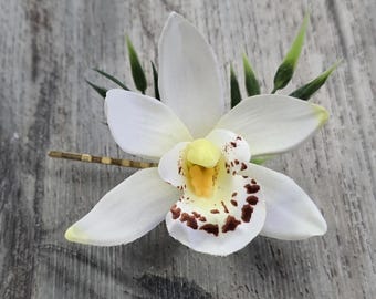 BOXED Tropical Cream White Cymbidium Orchid with Greenery Hair Pin - MATCHING Items Available