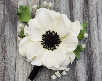 BOXED Realistic Ivory Anemone, Soft Baby's Breath, Leaves Boutonniere - MATCHING Items Available