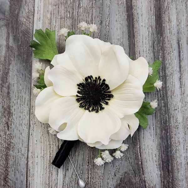 BOXED Ivory Realistic Anemone, Real Touch Soft Baby's Breath Boutonniere - MATCHING Corsages / Hair Clip / Bouquet