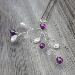 BOXED - 2 Plum Purple Freshwater Pearls, Pure Miyuki White Pearls, Clear Crystals Hair Pin - Wedding / Bridal / Prom
