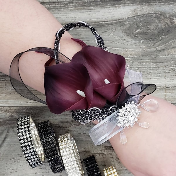 BOXED Real Touch Dark Burgundy Wine Calla Lily, Sheer Ribbons, Metallic Black Silver Trim Rhinestone Wrist Corsage - MATCHING Boutonnieres