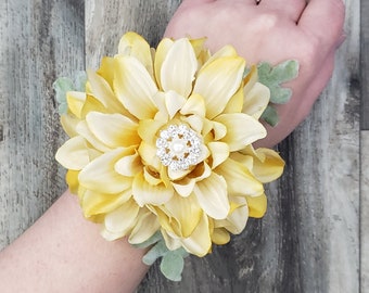 BOXED Cream Yellow Dahlia, Rhinestone Pearl Center, Dusty Miller - Lace Corsage - MATCHING Items Available