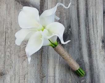 Real Touch White Calla Lily Bouquet with Twine Wrap - Bridal, Flower Girl, Bridesmaid, Wedding