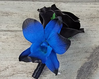 BOXED Real Touch Black Sweetheart Rose, Blue Black Orchid Boutonniere - MATCHING Items Available