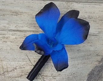 BOXED Royal Blue Sky with Black Tips Galaxy Dendrobium Orchid Boutonniere - MATCHING Corsages