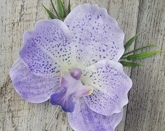 BOXED Real Touch Purple White Vanda Orchid, Greenery Lapel Pin Boutonniere - MATCHING Items Available