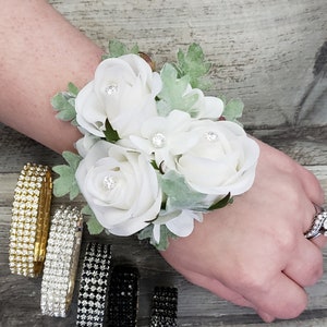 BOXED Real Touch Mini White Roses Diamond, White Stephanotis, Dusty Miller Leaves Rhinestone Wrist Corsage - MATCHING Boutonniere / Bouquet