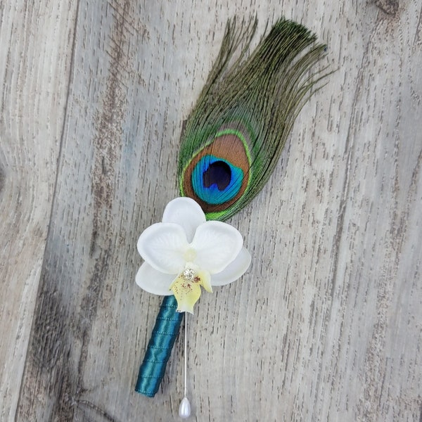 BOXED Mini Real Touch Phalaenopsis Orchid Diamond Center, Natural Peacock Feather Boutonniere - MATCHING Corsages/Hair Pin/Hair Comb