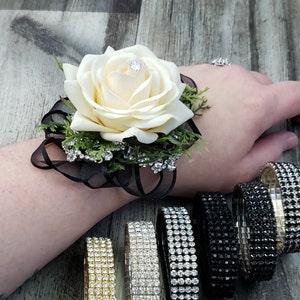 BOXED Real Touch Champagne Rose, Garden Greenery & Diamond Accents with Ribbon Rhinestone Wrist Corsage - MATCHING Boutonnieres / Hair Clip