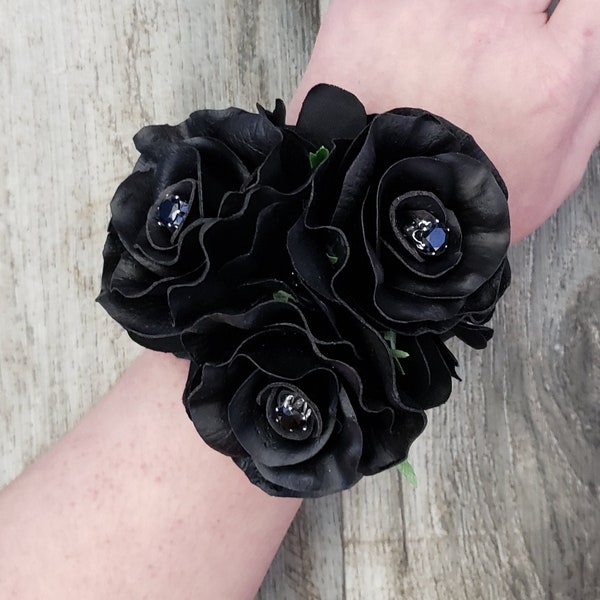 BOXED Real Touch Sweetheart Black Rose & Black Hydrangea with Black Diamond Centers Rhinestone Wrist Corsage - MATCHING Boutonniere