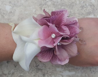 BOXED Real Touch White Calla Lily, Hydrangea with Diamonds - Lace Corsage - MATCHING Items Available
