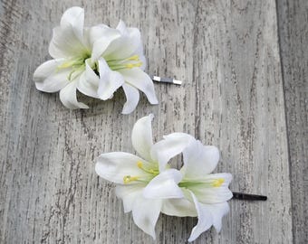 BOXED Mini Cream White Double Tiger Lily Hair Pin Set - MATCHING Items Available