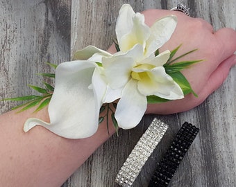 BOXED Real Touch White Calla Lily, Orchids, Greenery - Rhinestone Corsage - MATCHING Items Available