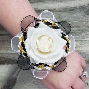 BOXED Elegant Real Touch Romantic White Rose with Black, White & Metallic Gold Rope Trim LACE Wrist Corsage - MATCHING Boutonniere/Hair Clip
