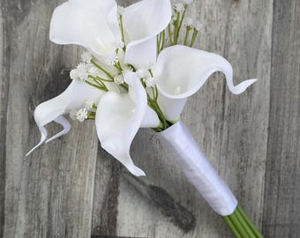 READY TO SHIP: Real Touch White Calla Lily, Baby's Breath Bouquet – Stairway Cascade Design
