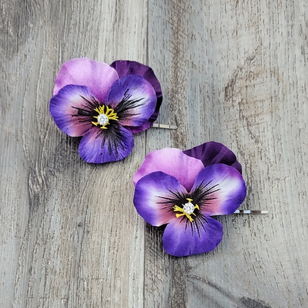 BOXED 2 - Dark & Light Purple with Highlights Pansies with a Diamond Center Hair Bobby Pins - MATCHING Boutonniere