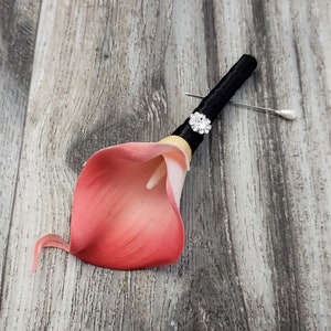 BOXED Real Touch Coral Natural Calla Lily Rhinestone Boutonniere