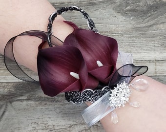 BOXED Real Touch Wine Burgundy Calla Lily, Rhinestone, Crystals Lace Corsage - MATCHING Items Available