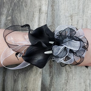 BOXED Real Touch Black Calla Lilies, Clear Crystals, Sheer Bow LACE Wrist Corsage - MATCHING Boutonniere