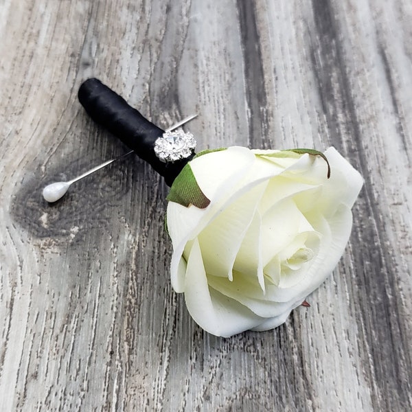 BOXED Mini Real Touch Ivory Cream Rose with Rhinestone Button Boutonniere - MATCHING Corsages / Hair Pin / Bouquet