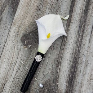 BOXED Real Touch Natural White Calla Lily with a Rhinestone Button Boutonniere - MATCHING Corsages