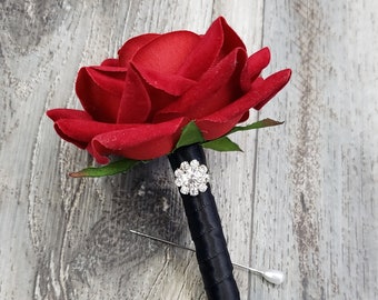 BOXED Romantic Red Velvet Rose with Rhinestone Button Boutonniere - MATCHING Corsages & Hair Clips