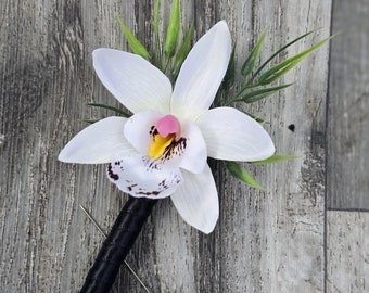 BOXED Tropical White Cymbidium Orchid with Greenery Boutonniere - MATCHING Items Available