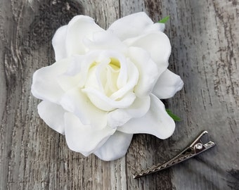 BOXED Real Touch White Gardenia Rhinestone Hair Clip - MATCHING Items Available