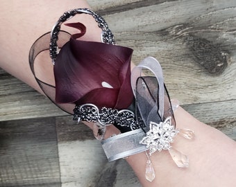 BOXED Real Touch Dark Burgundy Wine Calla Lilies, Sheer Ribbons, Metallic Black Silver Trim LACE Wrist Corsage - MATCHING Boutonnieres