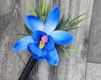 BOXED Tropical Blue Cymbidium Orchid with Greenery Boutonniere - MATCHING Items Available