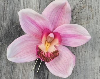 BOXED Tropical Pink White Cymbidium Orchid Hair Pin