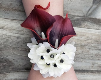 BOXED Black Burgundy Calla Lily, Stephanotis with Diamonds - Lace Corsage - MATCHING Items Available